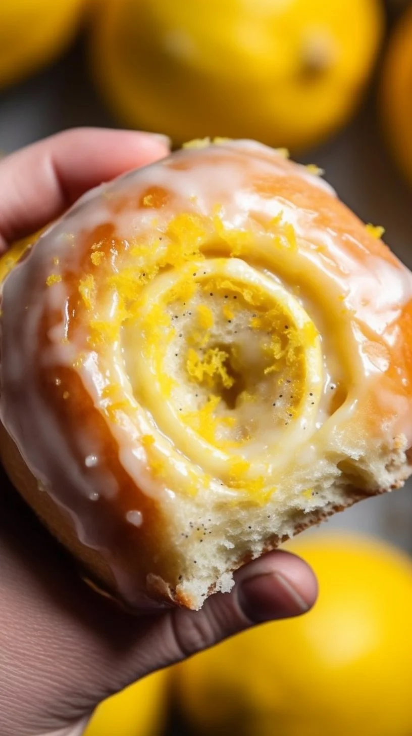Freshly baked lemon rolls drizzled with lemon glaze on a plate