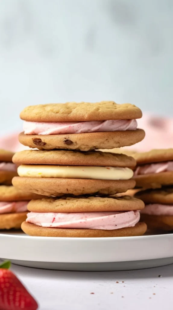 Lemon sandwich cookies with strawberry frosting on a plate