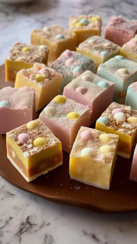 Delicious homemade lolly slice dessert with colorful layers and toppings.