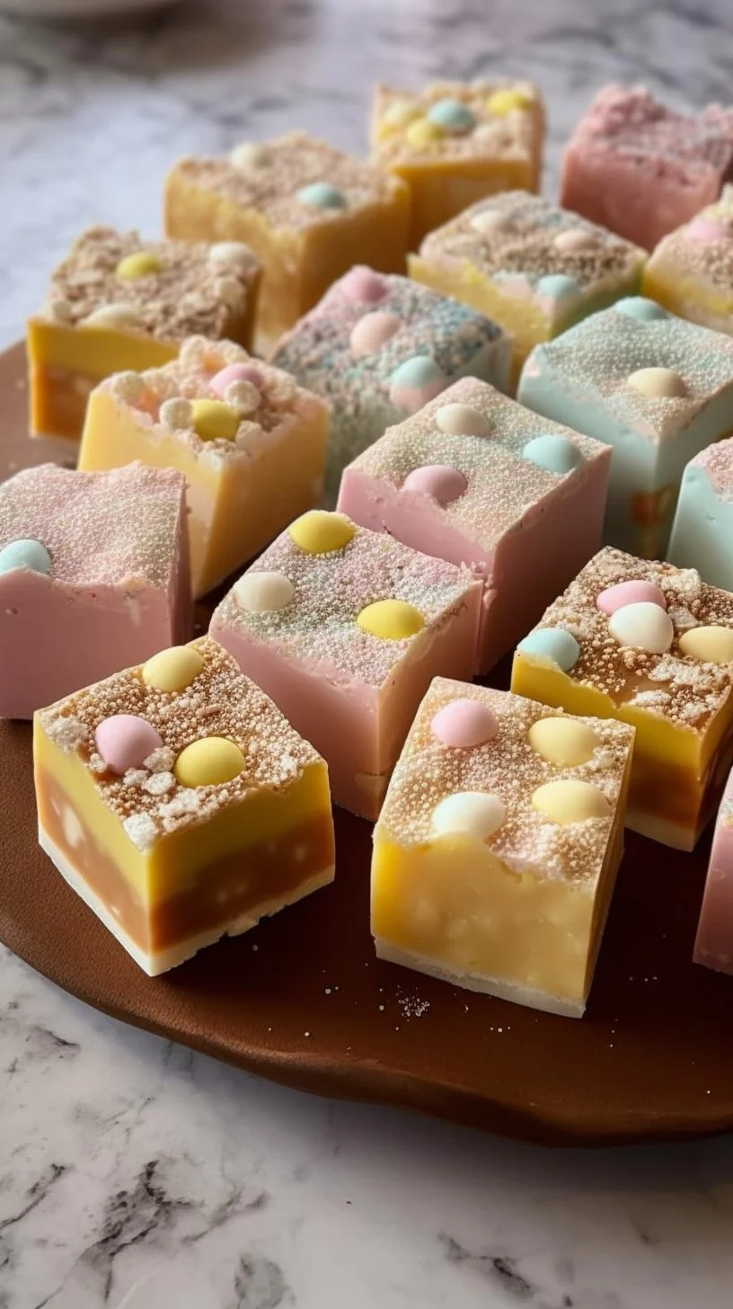 Delicious homemade lolly slice dessert with colorful layers and toppings.