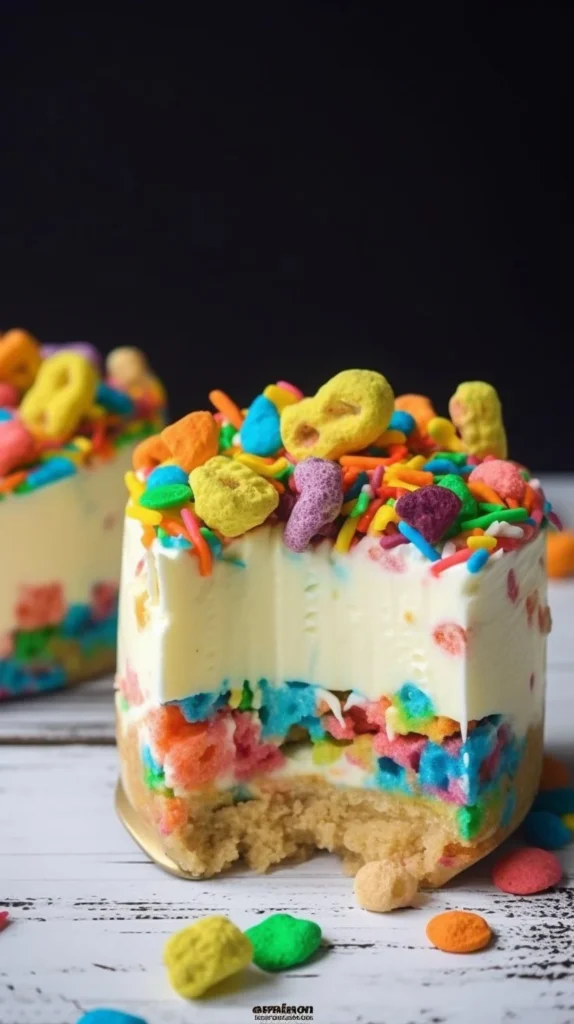 Delicious Lucky Charms Cheesecake topped with colorful marshmallows and cereal.