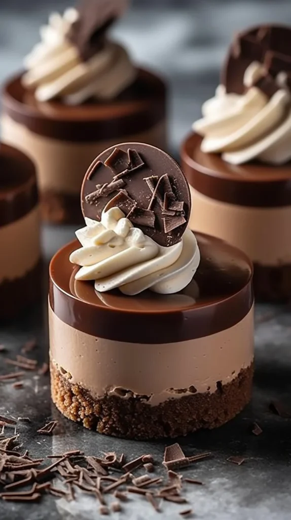 Luxurious no-bake mini dark chocolate cheesecakes with whipped cream