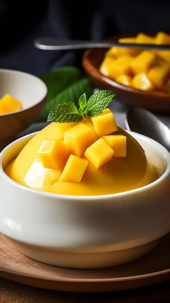 Mango Coconut Gelatin dessert served in a bowl with fresh mango slices