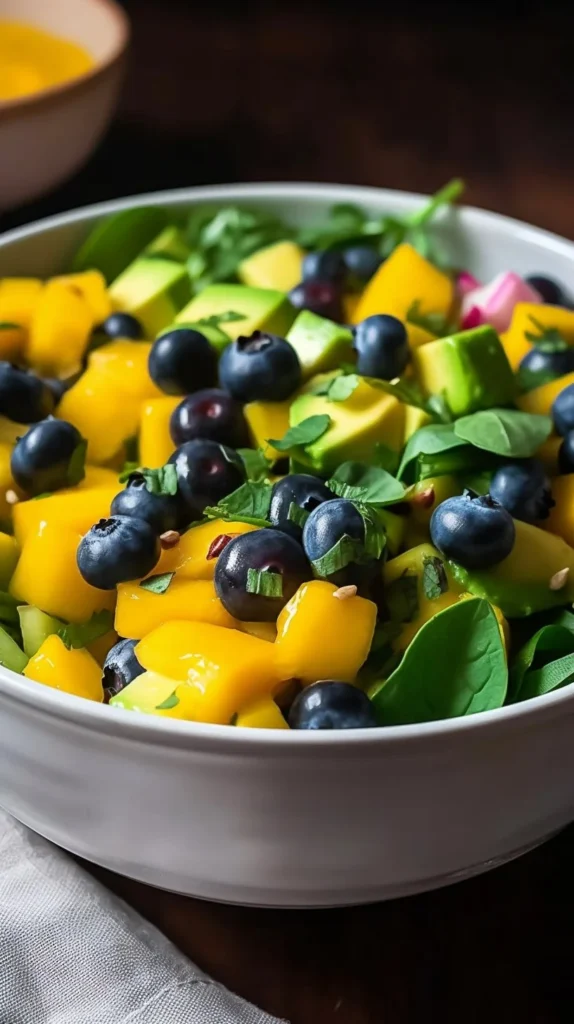 Mango Cucumber Salad with Avocado and Blueberries in a vibrant bowl