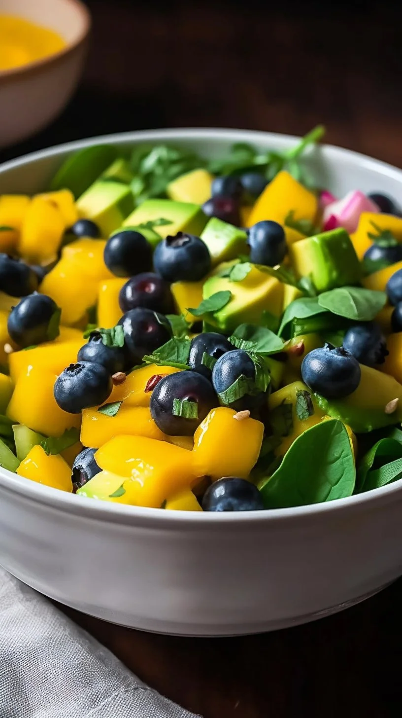 Mango Cucumber Salad with Avocado and Blueberries in a vibrant bowl