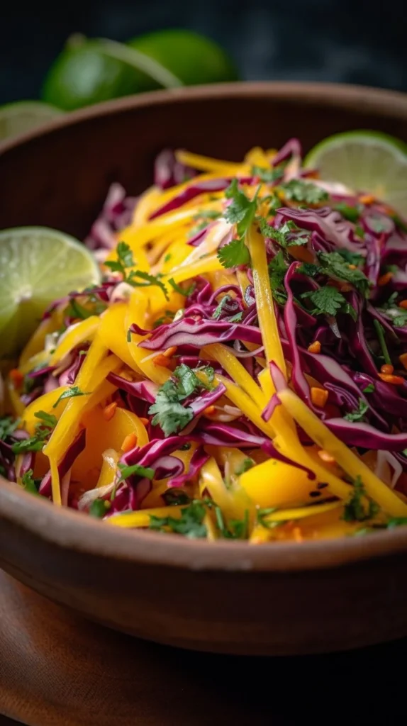 Delicious mango slaw with colorful vegetables and dressing