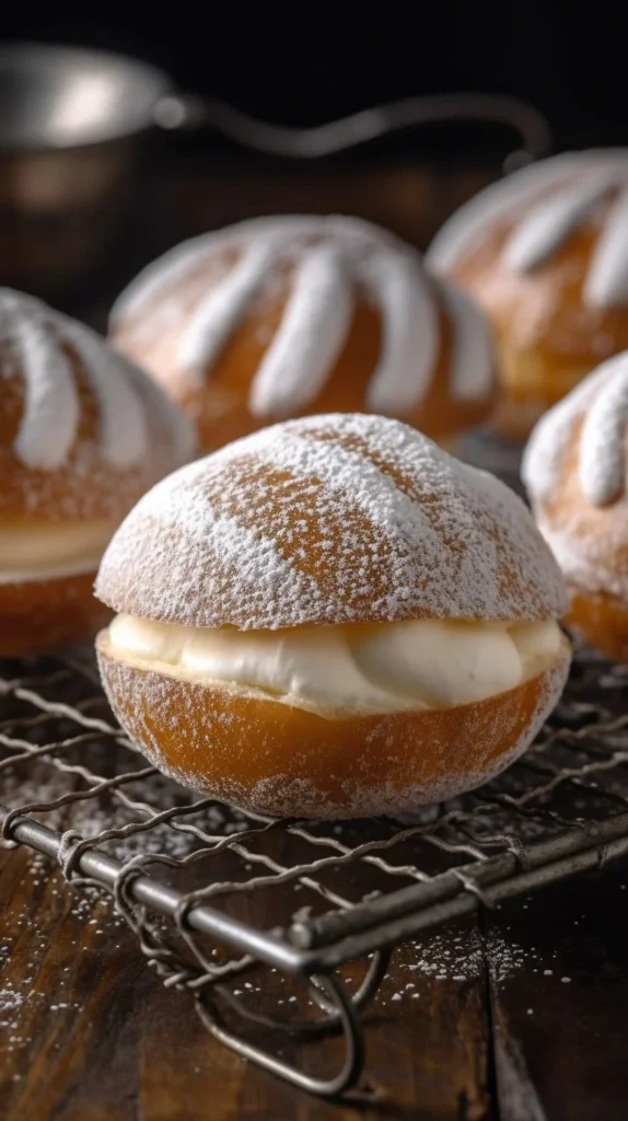 Delicious maritozzi sweet rolls filled with whipped cream on a plate.