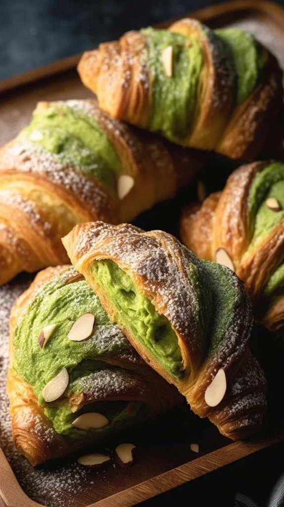 Freshly baked matcha almond croissants with green tea flavor