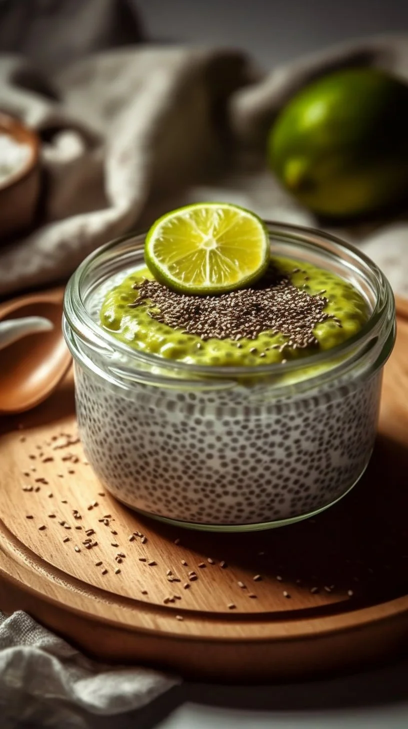 A bowl of matcha chia pudding topped with fresh fruits and nuts.