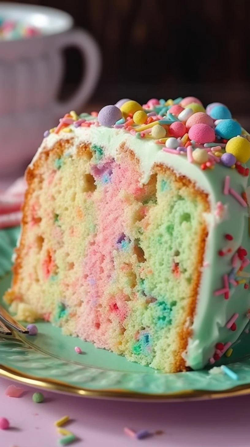 Melted Ice Cream Bundt Cake with colorful sprinkles and frosting on a plate