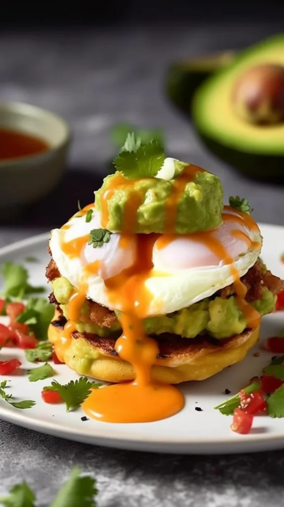 Delicious Mexican Eggs Benedict topped with avocado and chipotle sauce