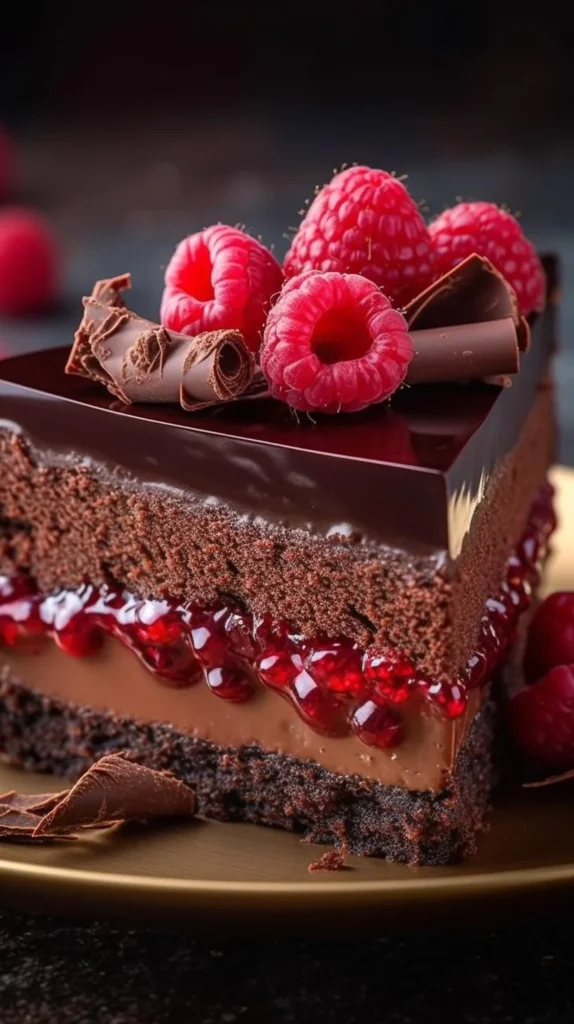 Midnight chocolate mousse cheesecake with raspberry compote and mirror glaze