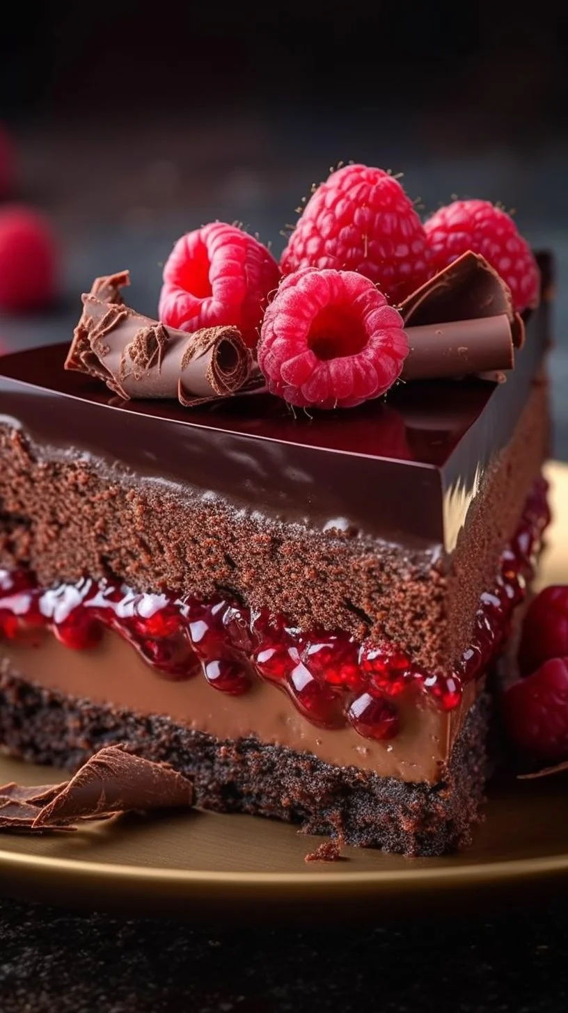 Midnight chocolate mousse cheesecake with raspberry compote and mirror glaze