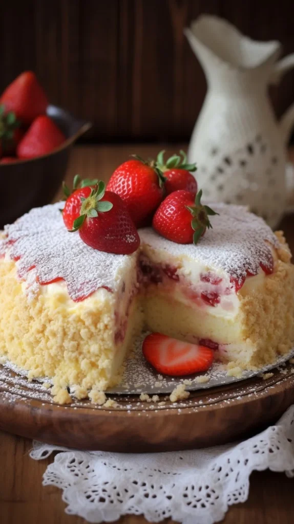Delicious mimosa cake topped with fresh strawberries for a delightful dessert.