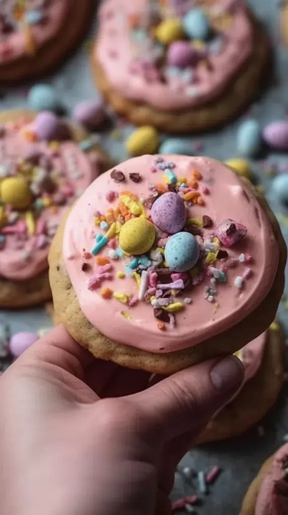 Mini Egg Crumbl Cookies served on a platter with colorful mini eggs.