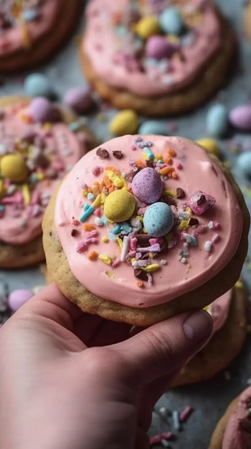 Mini Egg Crumbl Cookies served on a platter with colorful mini eggs.