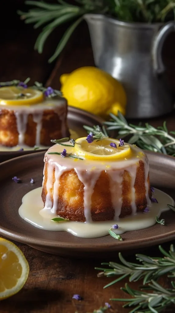 Delicious mini lemon cakes topped with lavender glaze on a white plate.