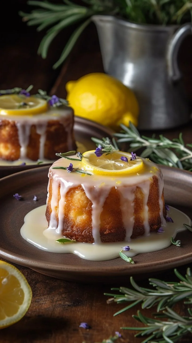 Delicious mini lemon cakes topped with lavender glaze on a white plate.