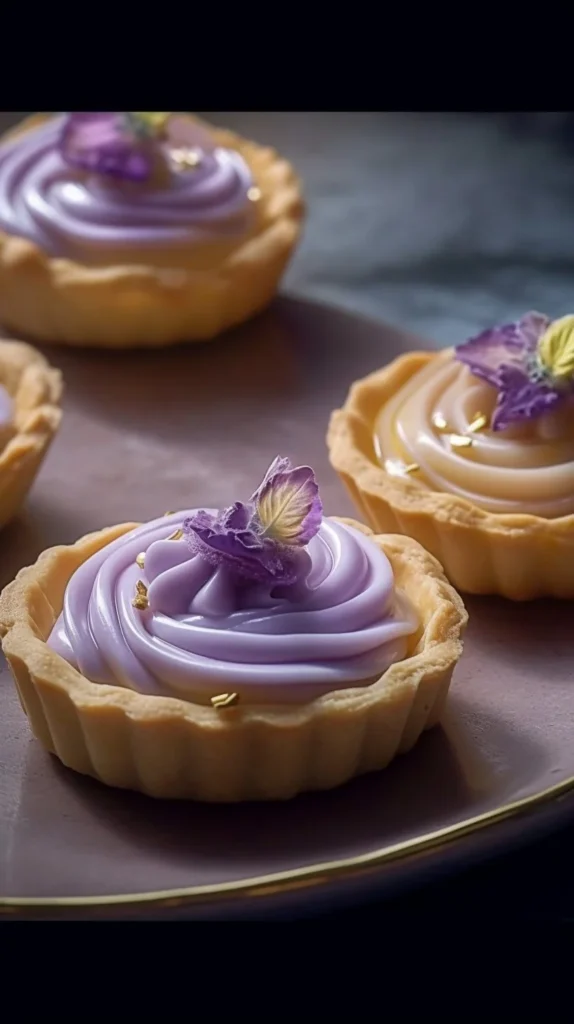 Mini lemon tarts with lilac meringue garnish on a white plate