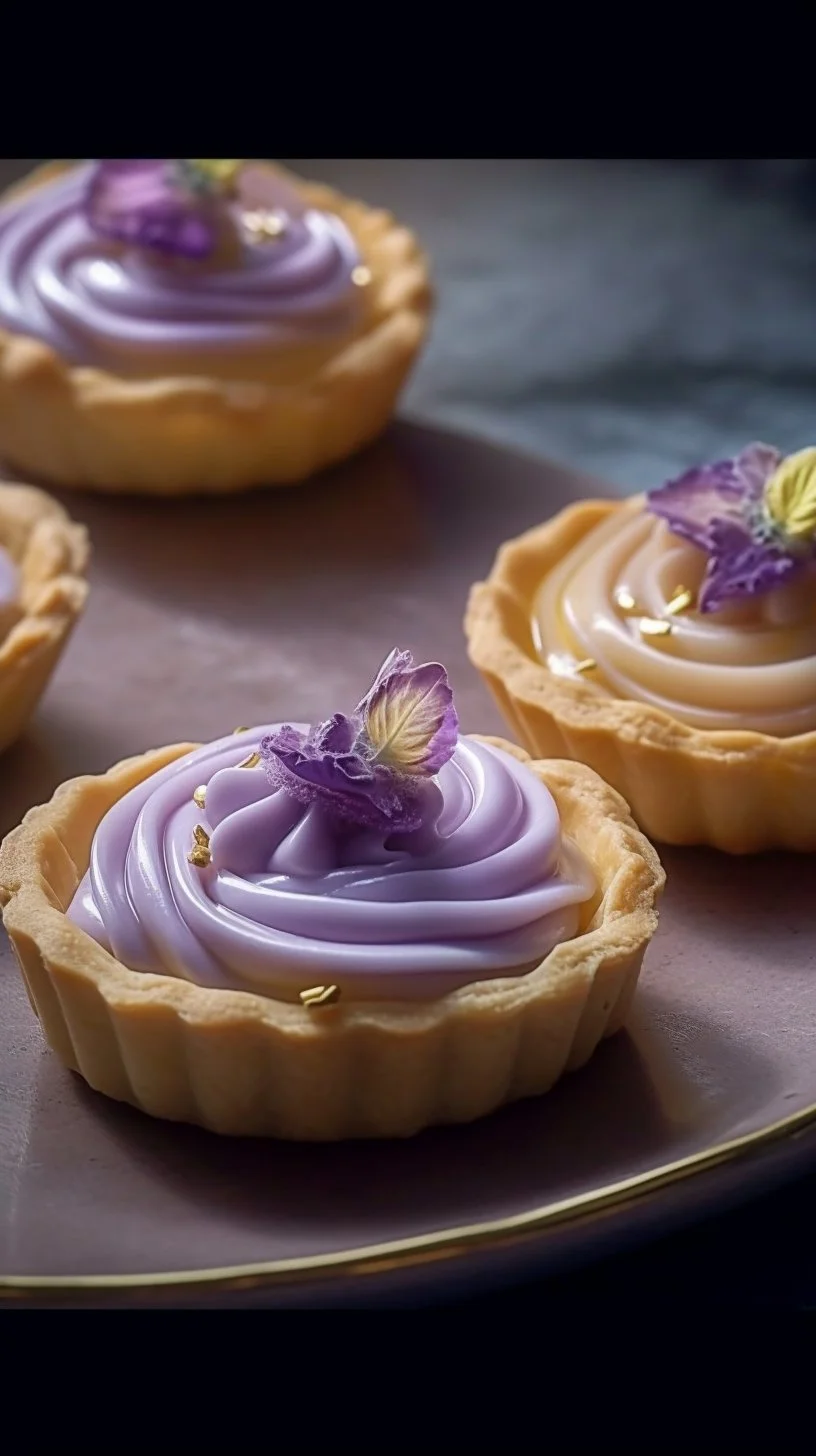 Mini lemon tarts with lilac meringue garnish on a white plate