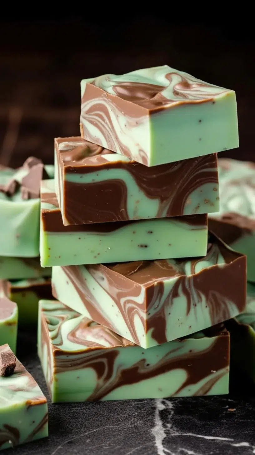 Delicious homemade Mint Chocolate Fudge topped with mint leaves and chocolate drizzle