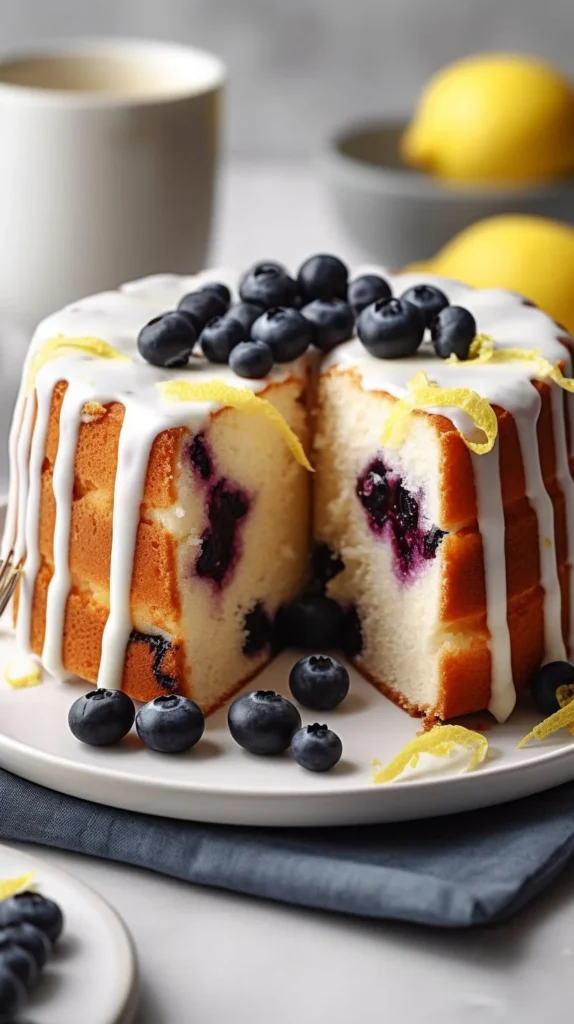 Moist Blueberry Lemon Angel Food Cake topped with fresh blueberries and lemon zest