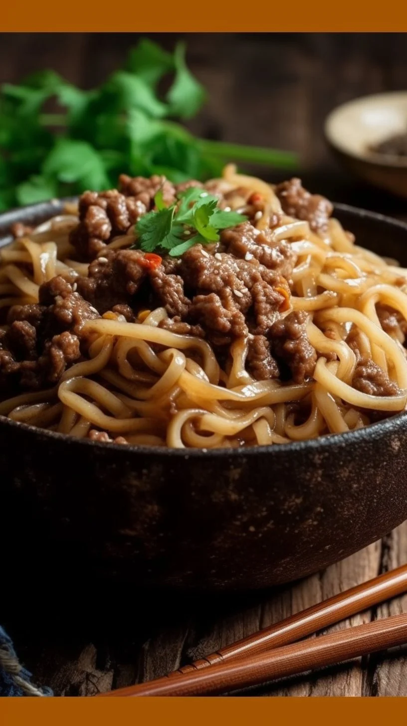 Delicious Mongolian Beef served with noodles on a plate