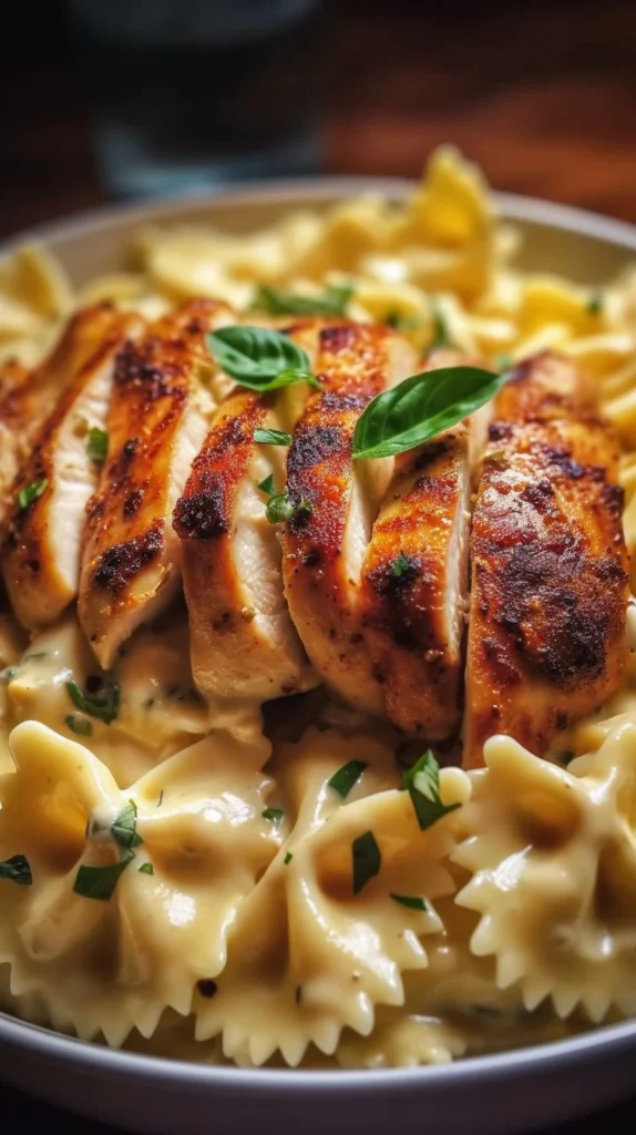 Delicious mozzarella garlic butter chicken bowties in creamy sauce