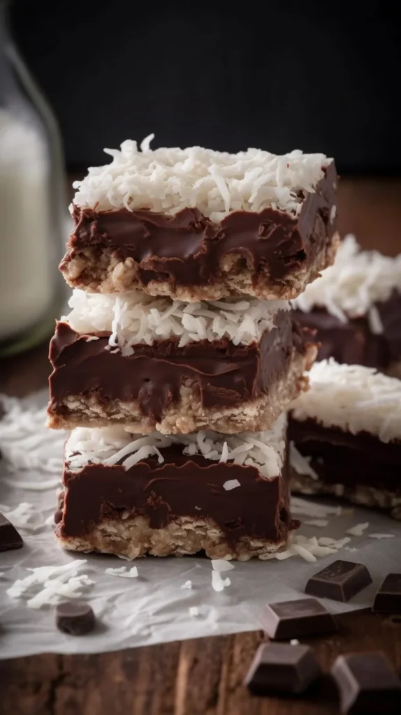 No-bake chocolate coconut bars on a white plate