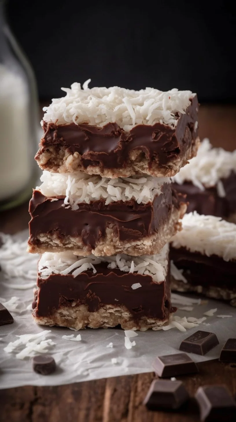 No-bake chocolate coconut bars on a white plate