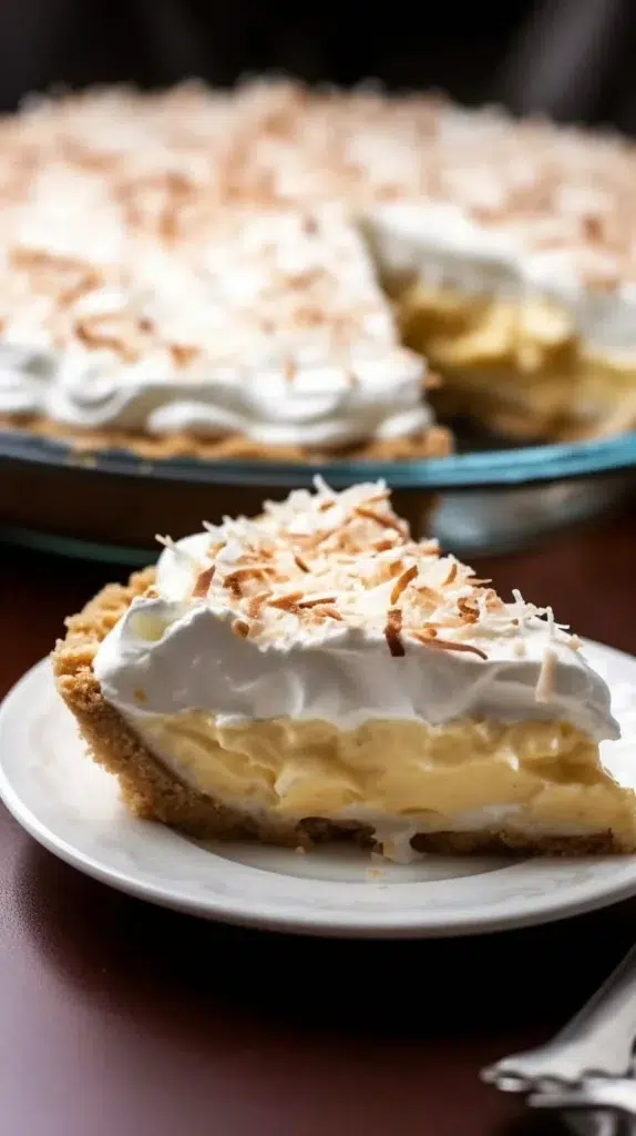 Delicious no bake coconut cream pie garnished with coconut flakes and whipped cream