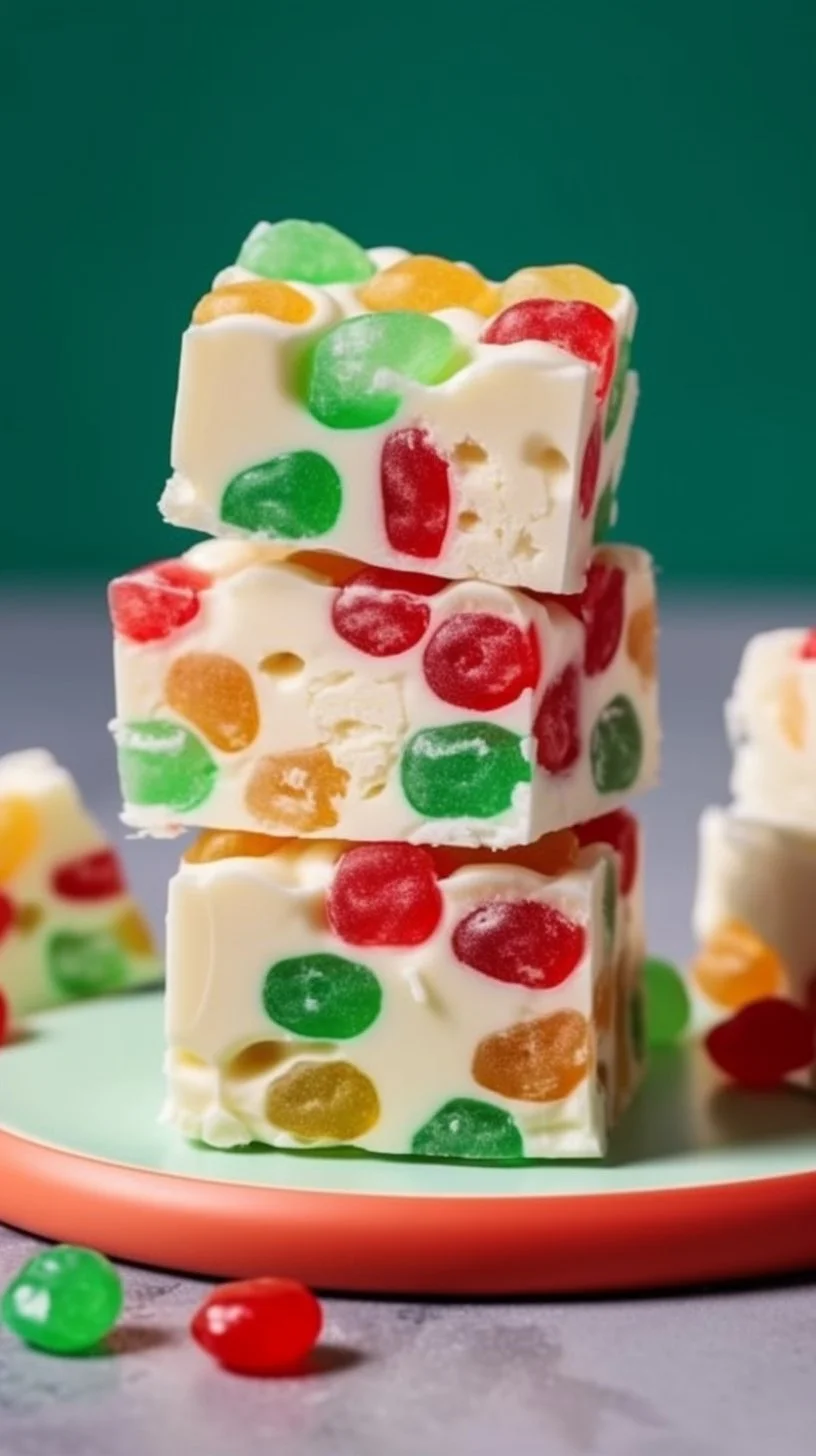 No bake gumdrop nougat candy with colorful gumdrops and nuts