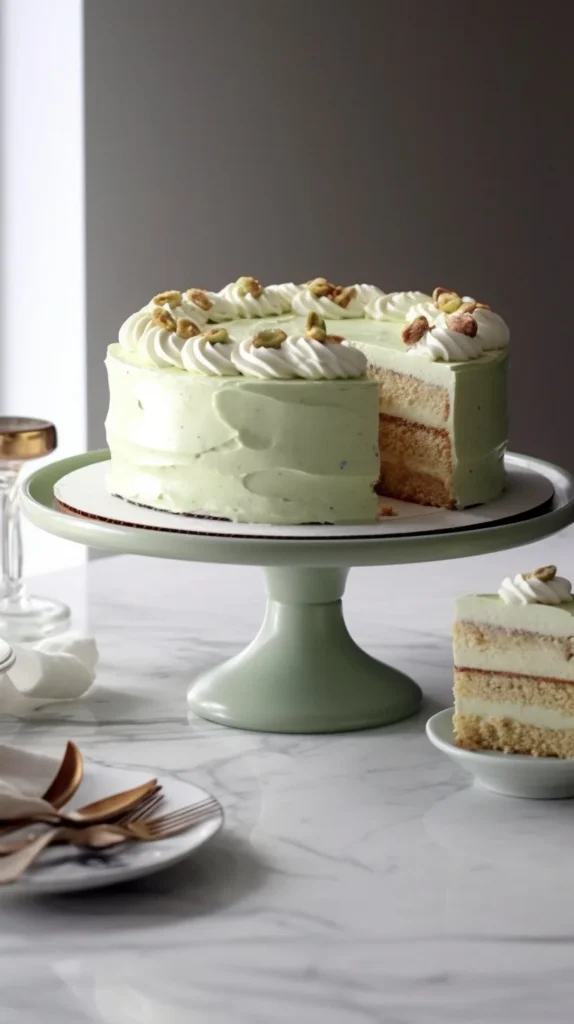 No bake pistachio cheesecake topped with crushed nuts and a creamy filling