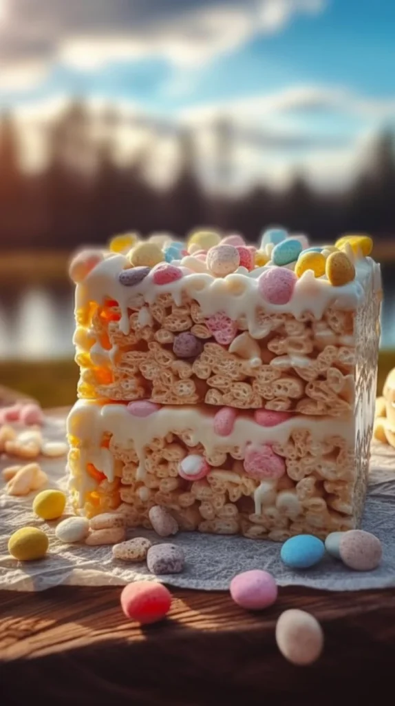 No bake white chocolate rocky road bars decorated for Easter celebration