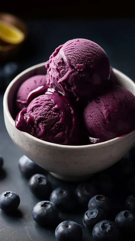 No churn blueberry lemon sorbet in a bowl with fresh blueberries and lemons