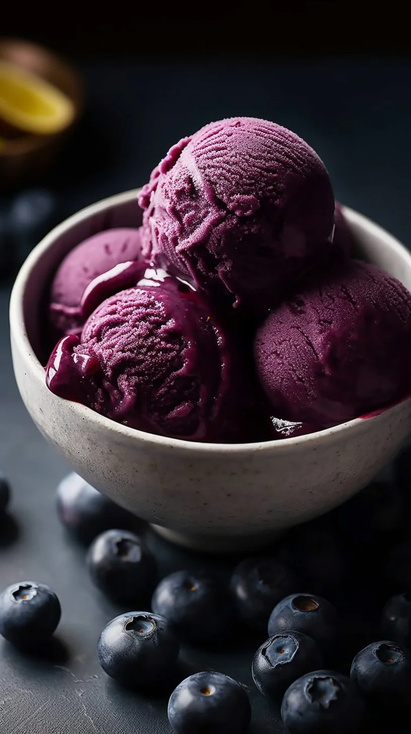 No churn blueberry lemon sorbet in a bowl with fresh blueberries and lemons