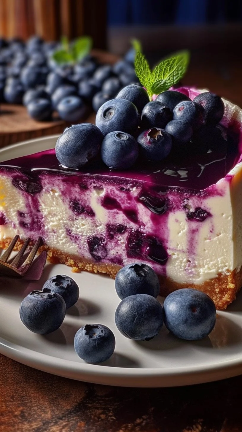 Slice of Nova Scotia Blueberry Cream Cake topped with fresh blueberries.