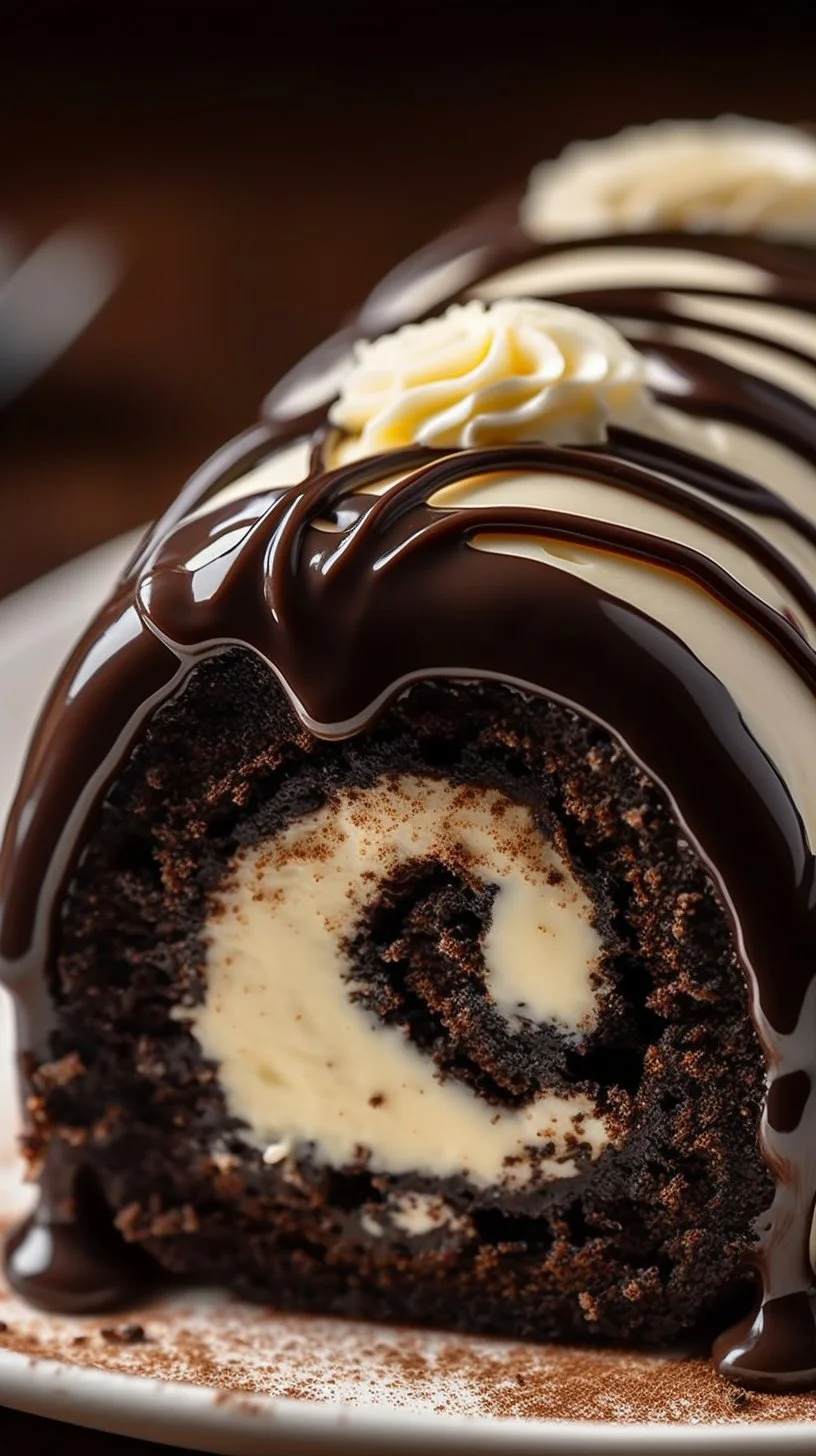 Oreo Cream Cheese Cheesecake Sushi Roll served with chocolate drizzle and fresh fruit.