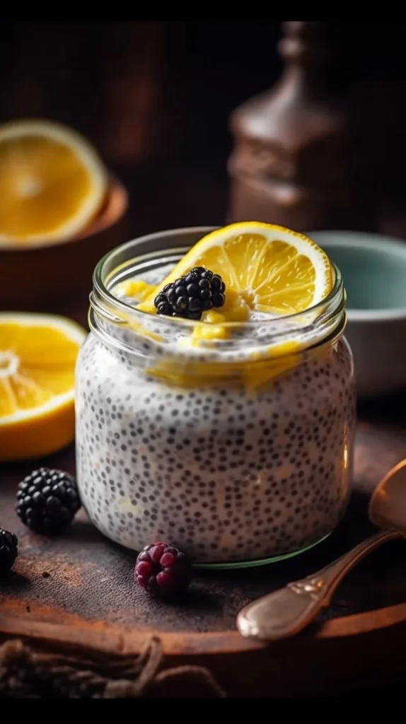 Overnight lemon cream chia pudding in a glass topped with lemon zest.