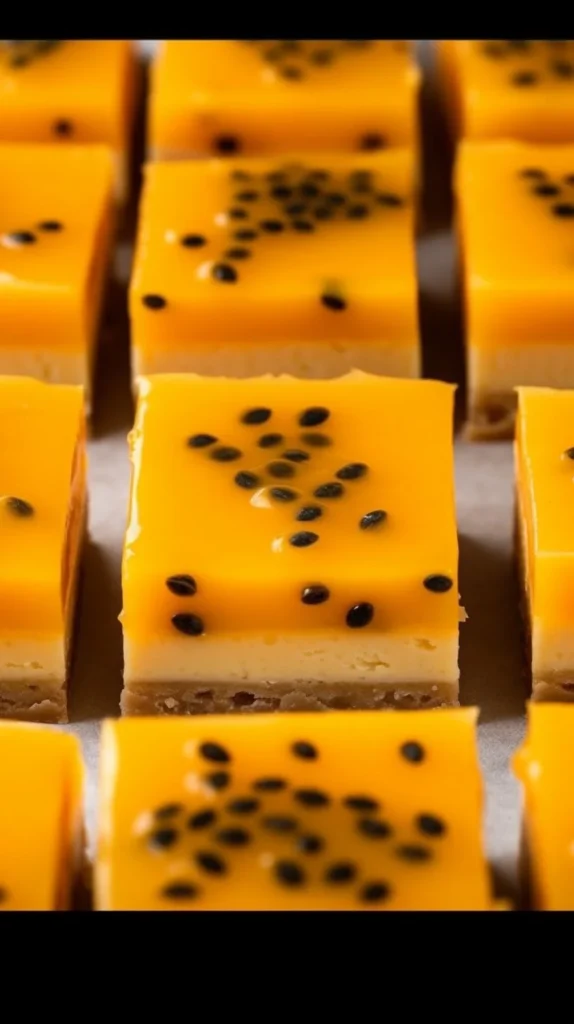 Delicious passionfruit slice dessert with tropical flavors and a creamy topping.