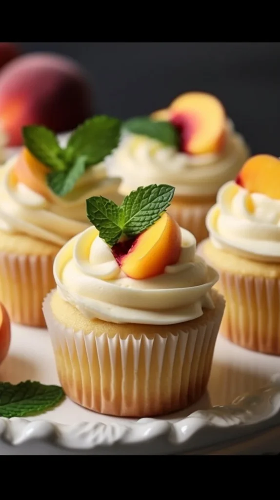 Delicious peach and honey cheesecake cupcakes topped with fresh peach slices.