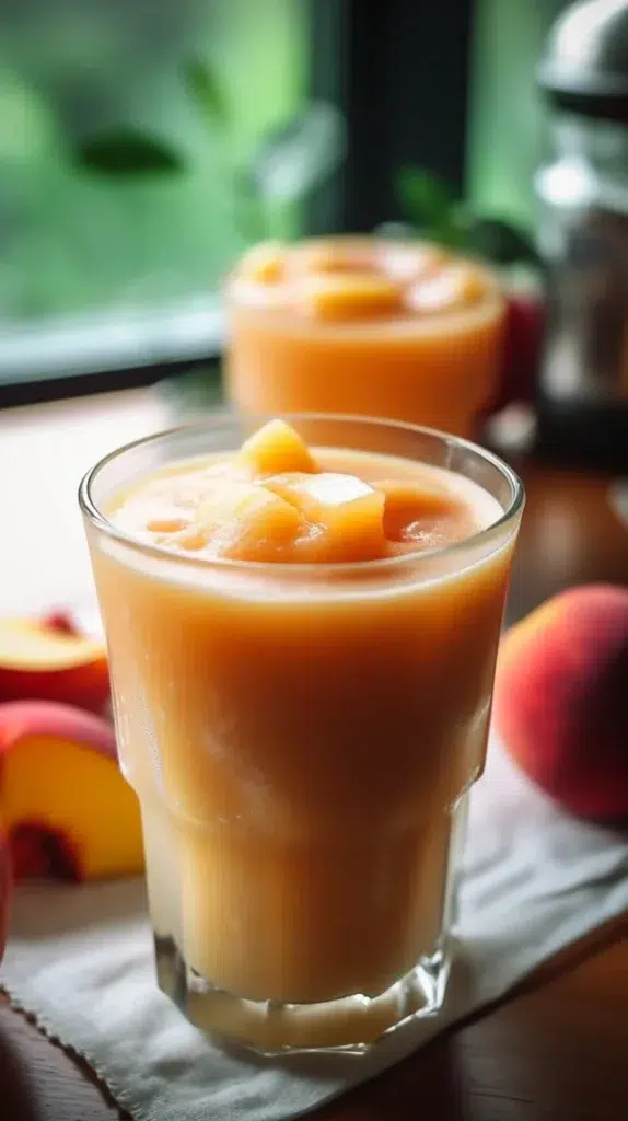 Refreshing Peach Slushie in a glass with peach slices and ice