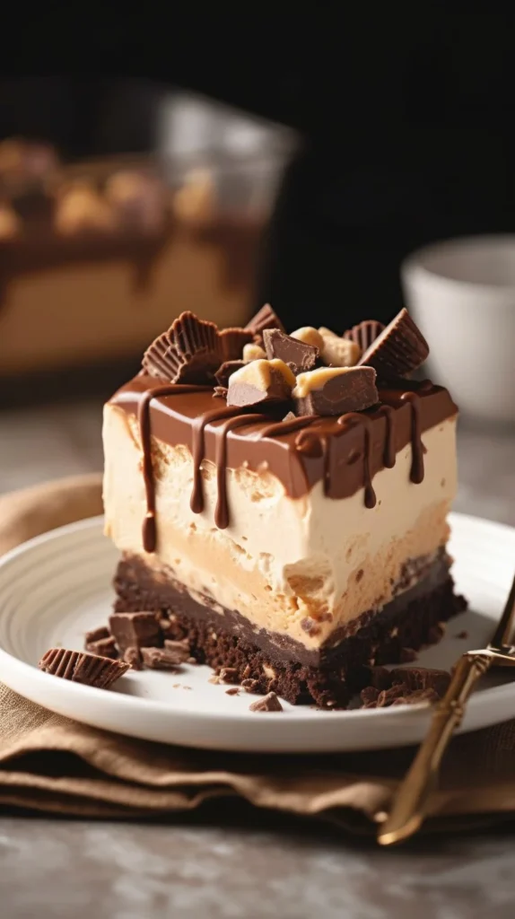 Deliciously layered peanut butter lasagna dessert with chocolate and cream