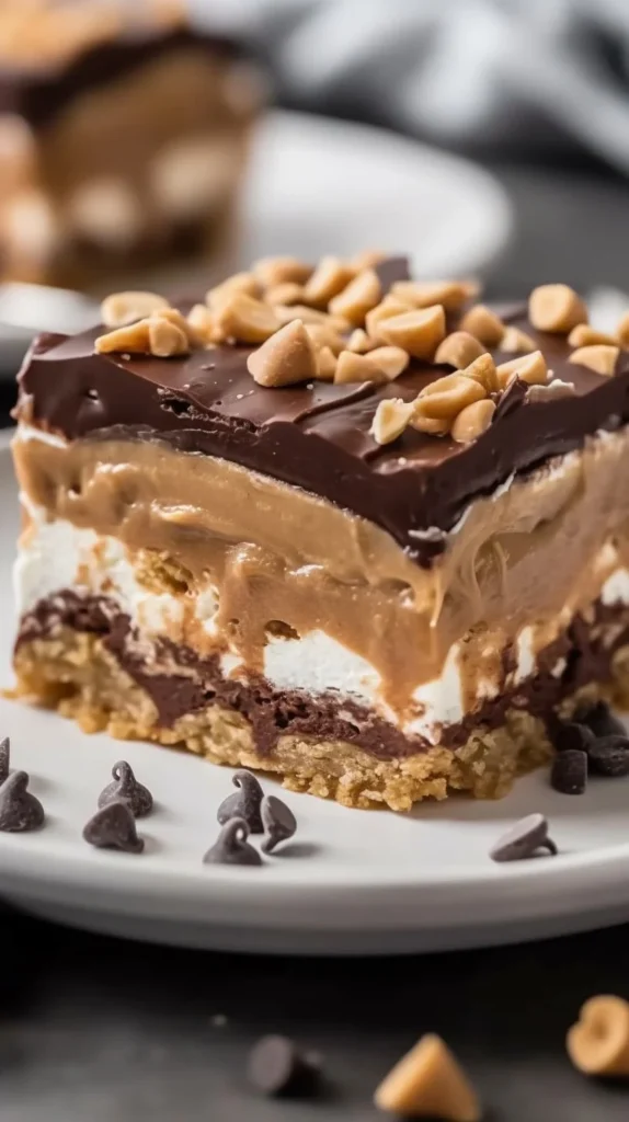Delicious Peanut Butter Layered Dessert with creamy layers and topped with nuts.