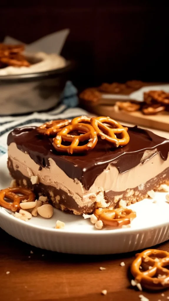 Deliciously layered Peanut Butter Pretzel Pie with a crunchy pretzel crust.