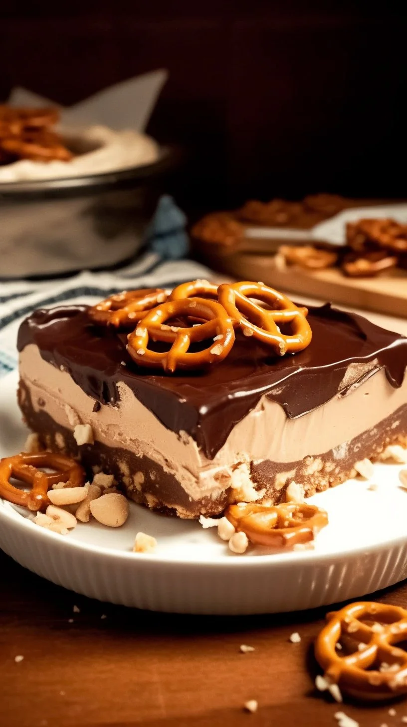 Deliciously layered Peanut Butter Pretzel Pie with a crunchy pretzel crust.