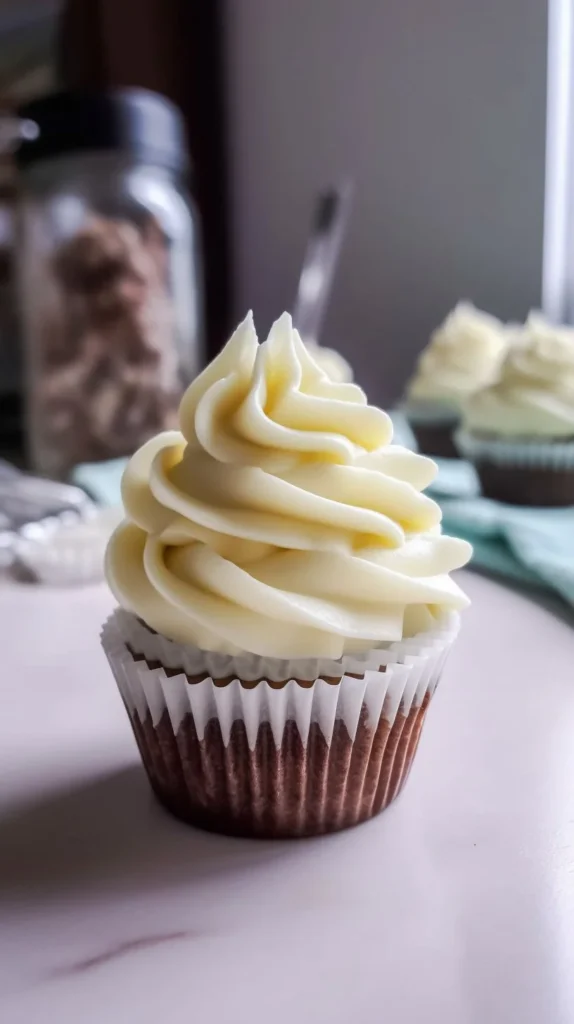 Delicious homemade vanilla frosting on a cupcake.