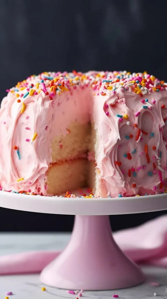 Slice of pink angel food cake with frosting and strawberries on a plate