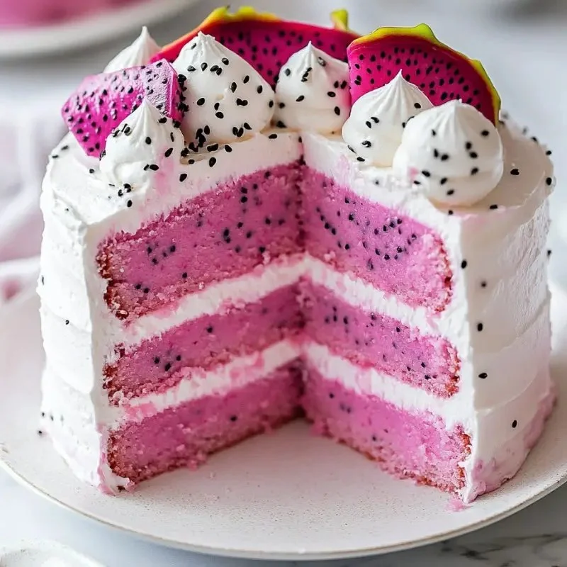 Pink Dragon Fruit Layer Cake with vibrant colors and creamy layers.