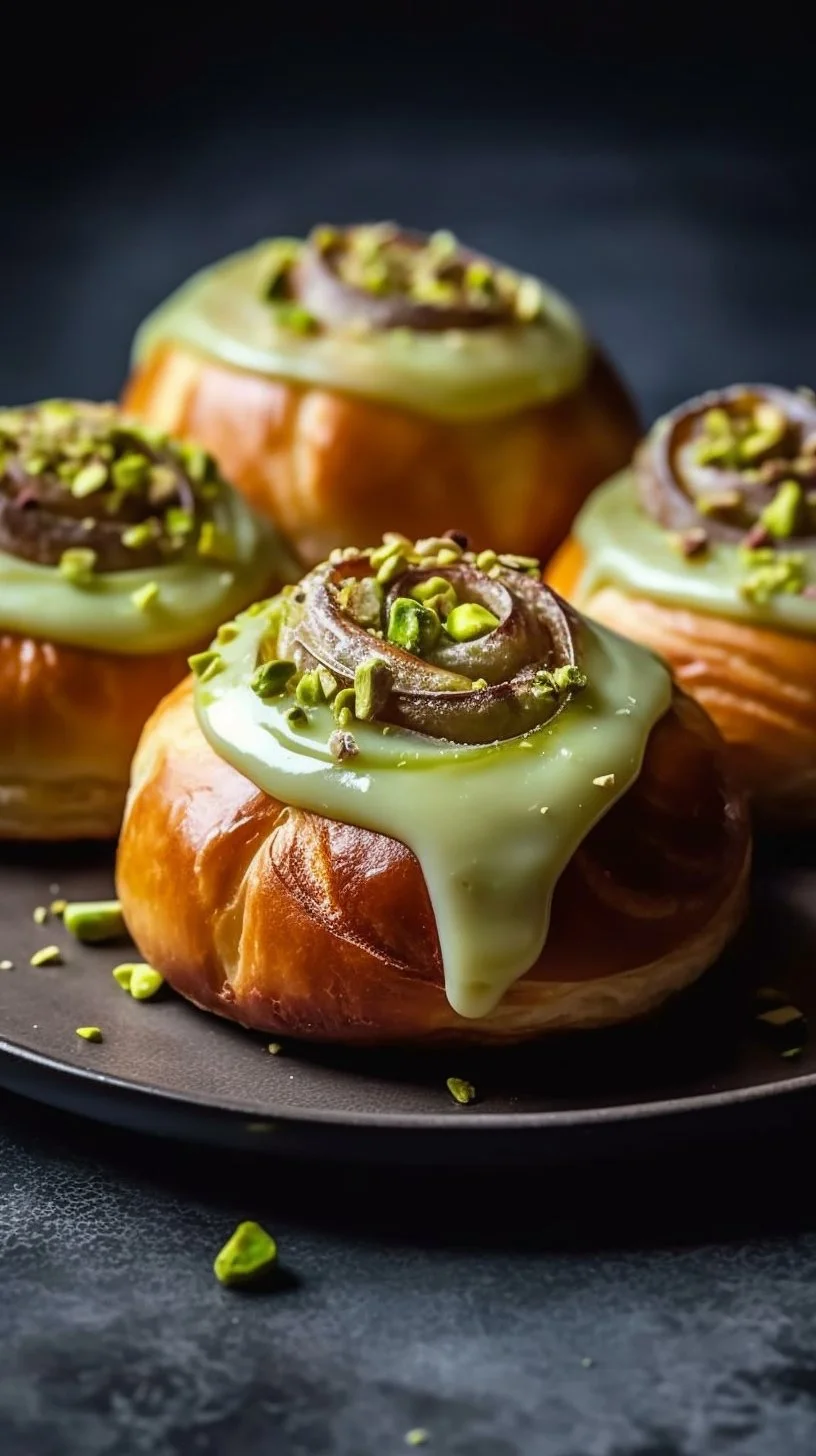 A plate of freshly baked pistachio cinnamon rolls topped with icing.
